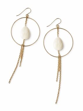 Gold Hoop Drop Earrings w/ Mother of Pearl Leaf & Chain Dangles | Boho Chic